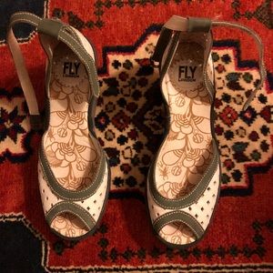 Olive green, white, and gray Fly London wedges